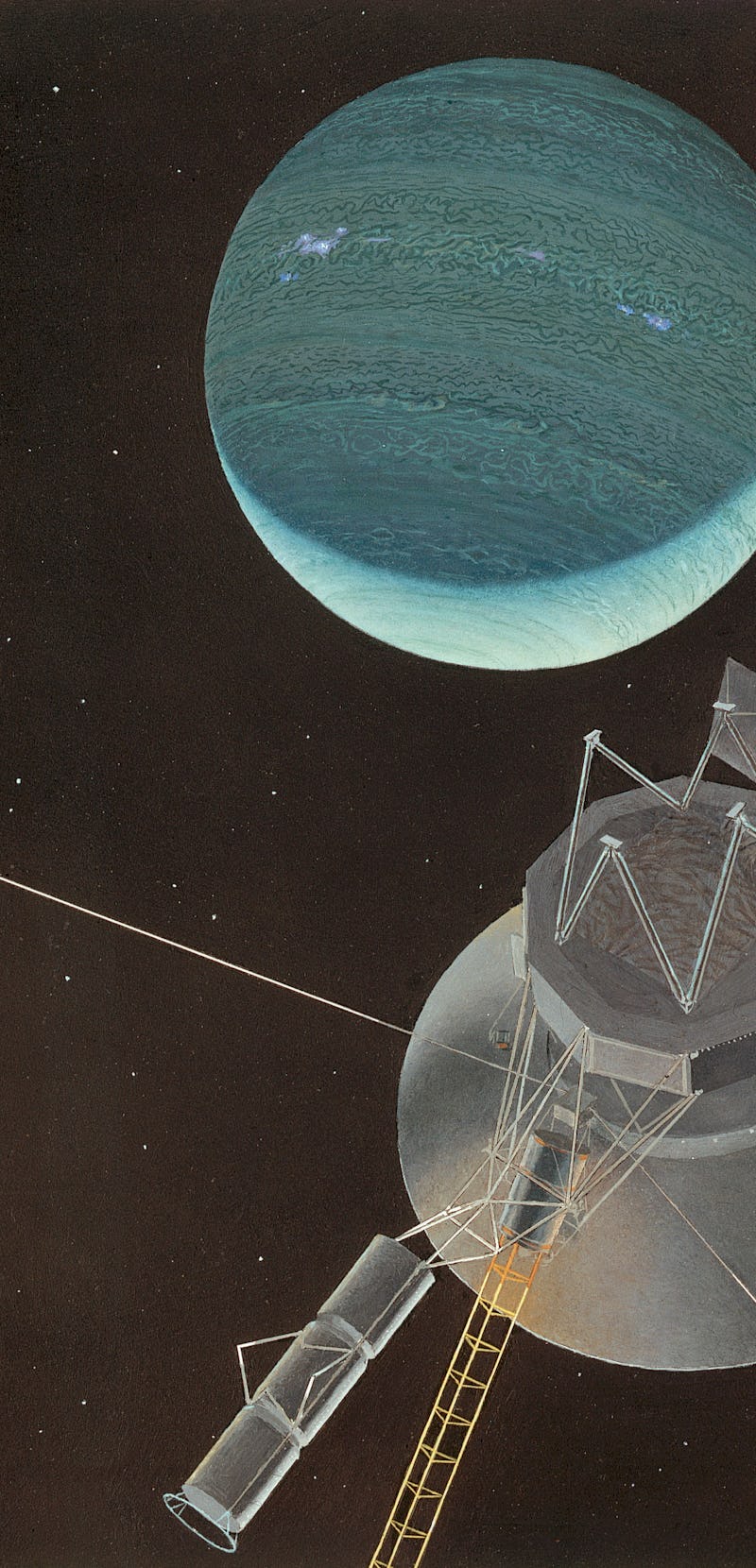 Painting of Voyager 2 spacecraft as it looks back upon Neptune and its moon Triton. (Photo by © CORB...