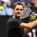 Switzerland's Roger Federer takes part in a practice session ahead of the 2022 Laver Cup at the O2 A...