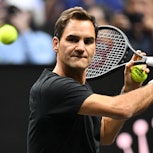 Switzerland's Roger Federer takes part in a practice session ahead of the 2022 Laver Cup at the O2 A...