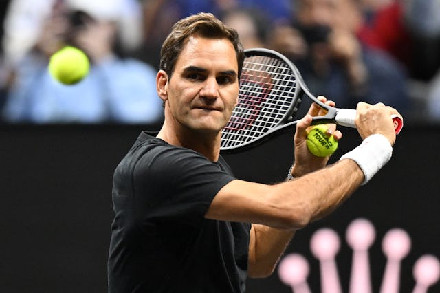 Switzerland's Roger Federer takes part in a practice session ahead of the 2022 Laver Cup at the O2 A...