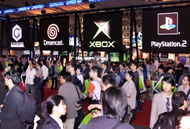 General view shows (L-R) Nintendo's GameCube, Sega's Dreamcast, Microsoft's Xbox and Sony's PLayStat...