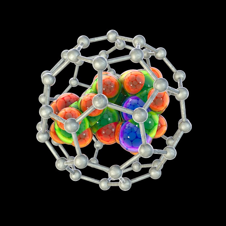 Nanotechnology in drug delivery. Conceptual computer illustration showing fullerene nanoparticle con...
