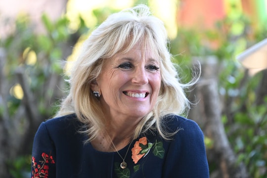 US First Lady Jill Biden smiles as she meets military surfers in Newlyn, Cornwall on the sidelines o...