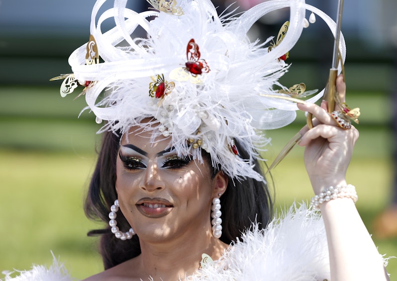 Drag Artist Cherry Valentine on Ladies Day during the Cazoo Derby Festival 2022 at Epsom Racecourse,...