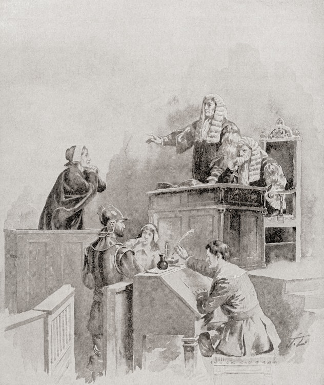 A scene in the courtroom during The Salem witch trials of 1692. 