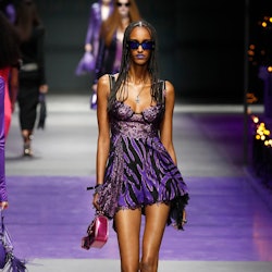 A model walks the runway of the Versace Fashion Show during the Milan Fashion Week Womenswear Spring...