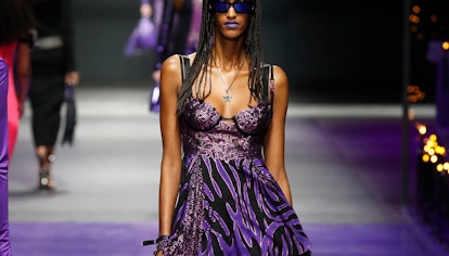 A model walks the runway of the Versace Fashion Show during the Milan Fashion Week Womenswear Spring...