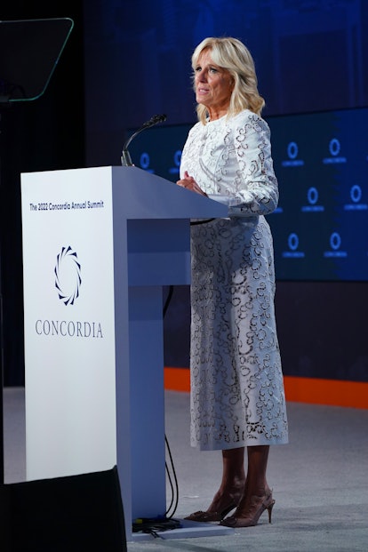 First Lady of the United States Jill Biden speaks on stage