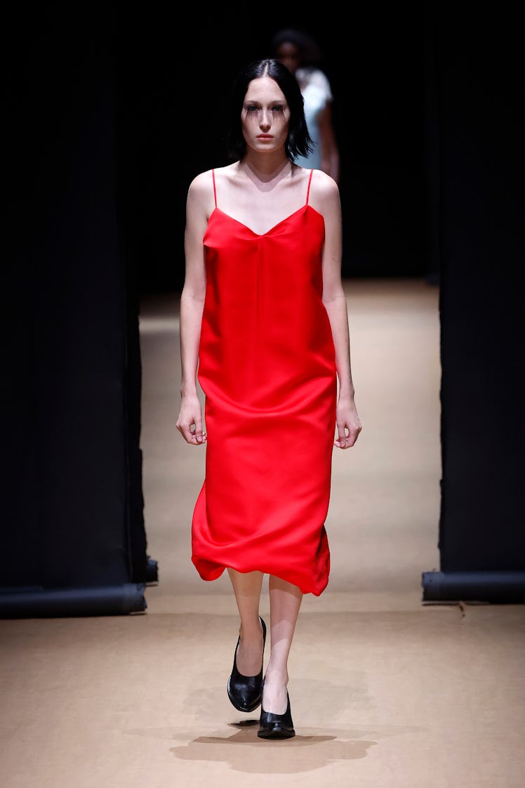 A model walking the runway of the Prada Fashion Show during the Milan Fashion Week Womenswear Spring...