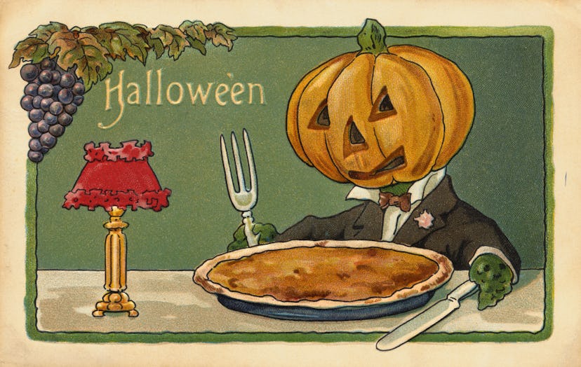 A Monster with a pumpkin head sits down to eat a pie. | Located in: Rykoff Collection.  (Photo by ��...