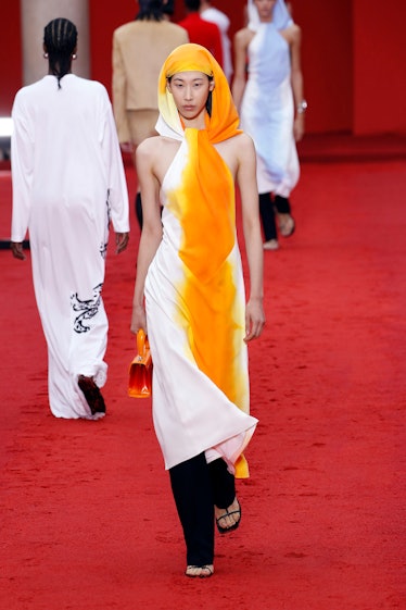 A model walks the runway of the Salvatore Ferragamo Fashion Show during the Milan Fashion Week Women...