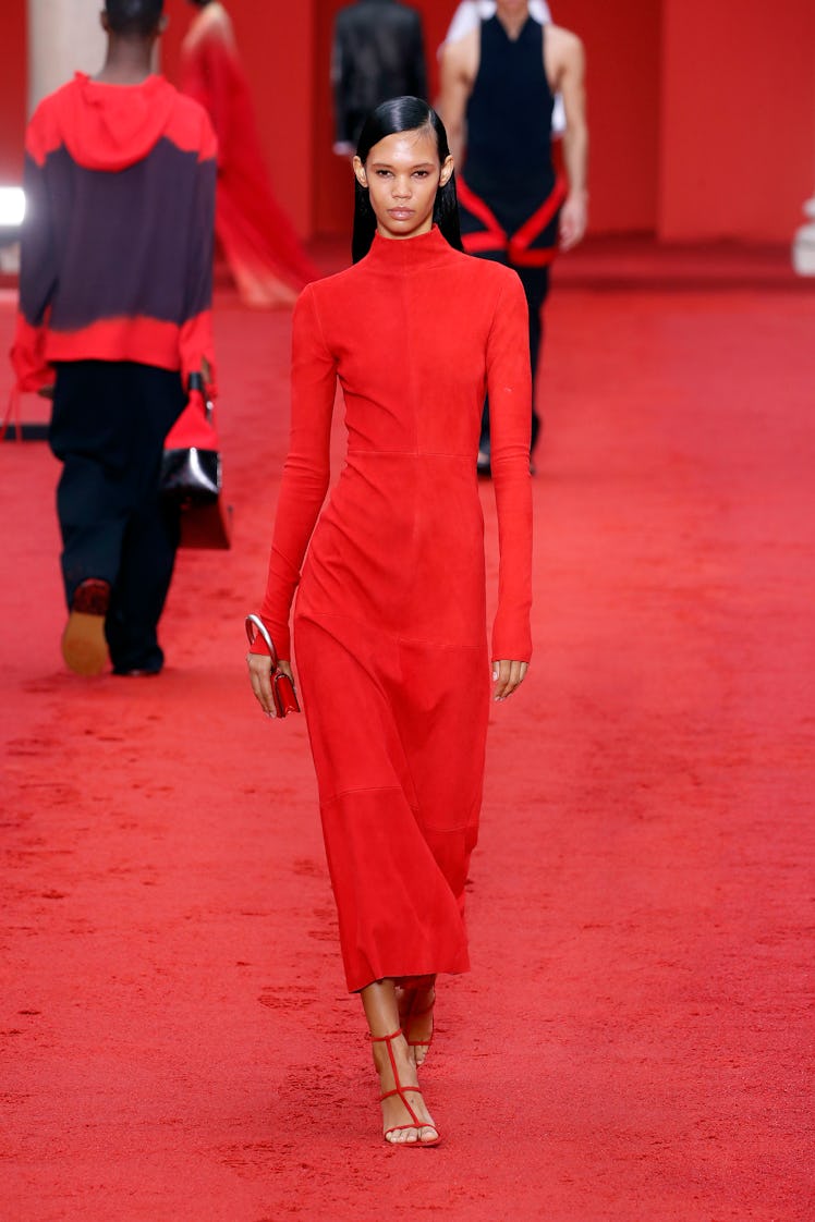 A model walking the runway of the Salvatore Ferragamo Fashion Show during the Milan Fashion Week Wom...