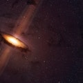 Illustration showing jets emanating from the poles of a young star. A dark circumstellar disc of dus...