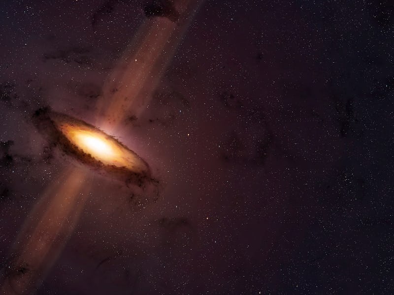 Illustration showing jets emanating from the poles of a young star. A dark circumstellar disc of dus...