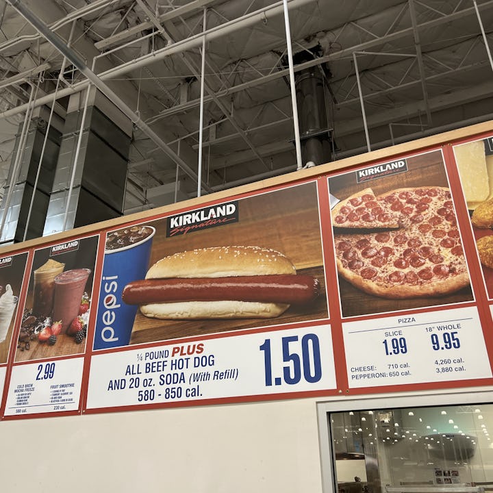 Costco Food Court Hot Dog sign. The company just announced that its hot dog soda combo will stay $1....