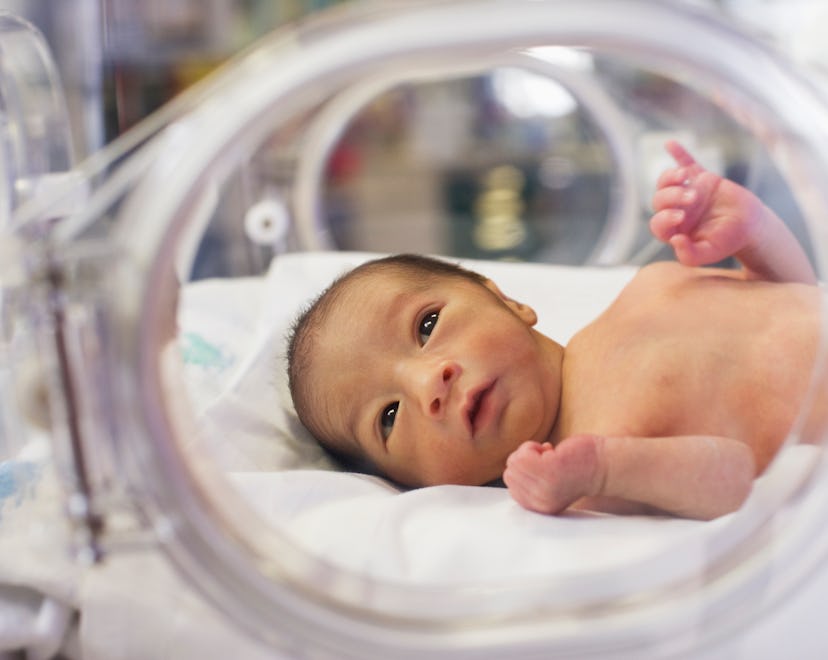 A premature baby lying in an incubator at the NICU.