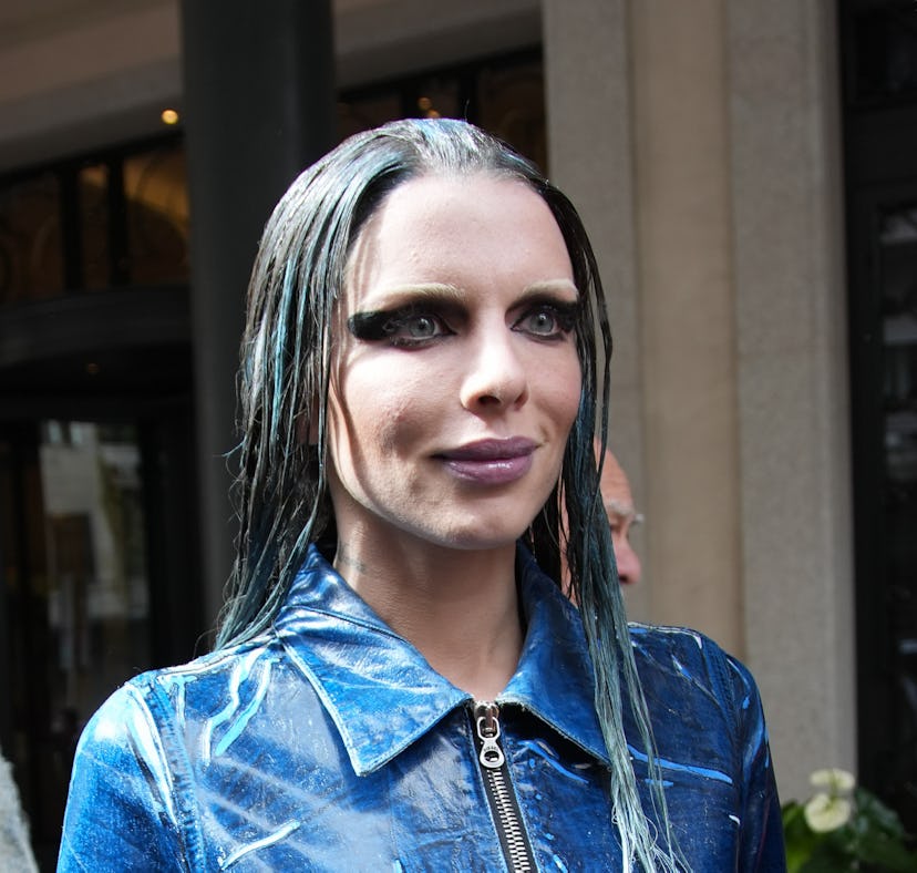 Julia Fox with blue hair and bleached brows is seen on September 21, 2022 in Milan, Italy. (Photo by...