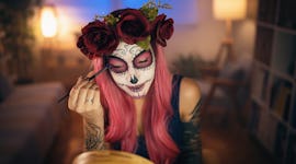 Pink halloween costumes for Halloween 2022 include pink skeleton makeup