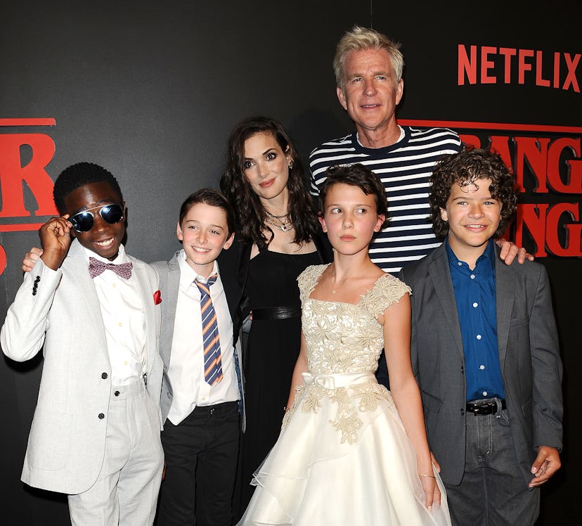 LOS ANGELES, CA - JULY 11:  (L-R) Actors Caleb McLaughlin, Noah Schnapp, Winona Ryder, Millie Bobby ...