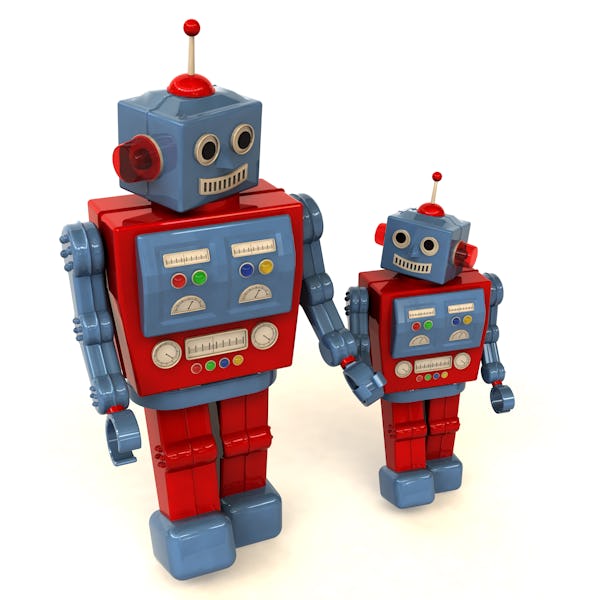 Parent and child robots holding hands and going for a walk. 3D rendering with raytraced textures and...
