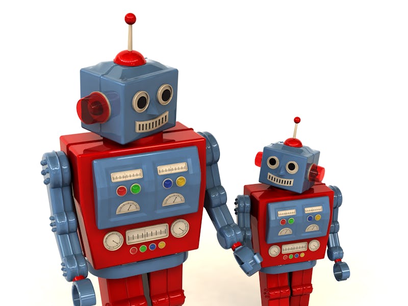 Parent and child robots holding hands and going for a walk. 3D rendering with raytraced textures and...