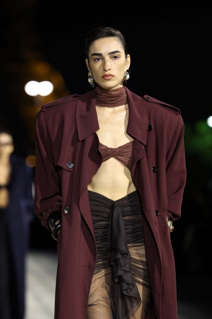 A model walks at Saint Laurent during Paris Fashion Week 