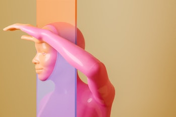 Computer generated image of a woman looking at yellow background, yellow and orange colors, 3d render