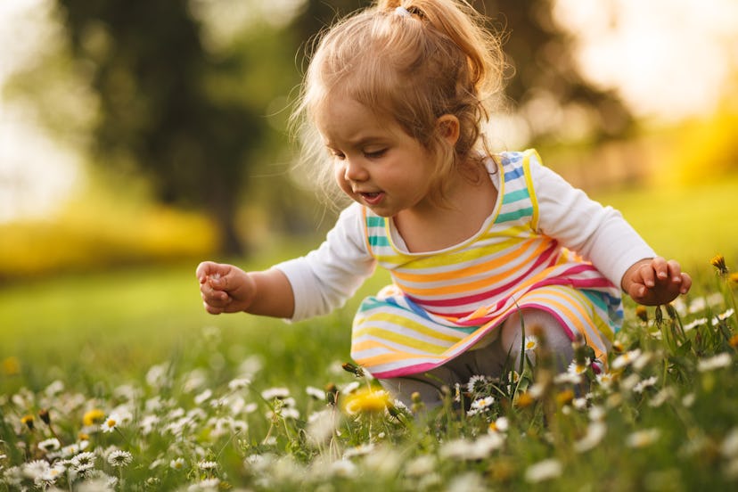 Toddler girl is crouching and picking flowers on a meadow in an article about baby girl names that s...