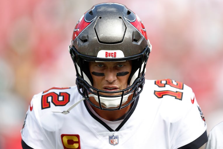 TAMPA, FLORIDA - SEPTEMBER 25: Tom Brady #12 of the Tampa Bay Buccaneers looks on prior to the game ...