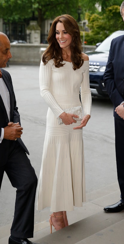 Kate Middleton wears an off-the-shoulder white dress as part of Kate Middleton's fashion evolution a...