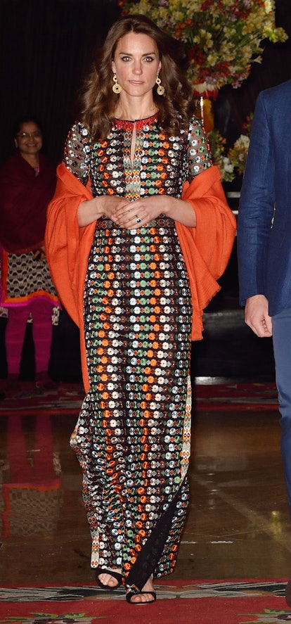 Kate Middleton wears a bold patterned Tory Burch dress as part of Kate Middleton's fashion evolution...