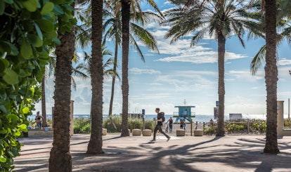 Tourists and locals enjoy a quiet morning along the Miami Beach Beachwalk. The Beachwalk is a seven-...