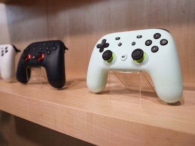 NEW YORK, NY - OCTOBER 15: The new Google Stadia gaming system controller is displayed during a Goog...