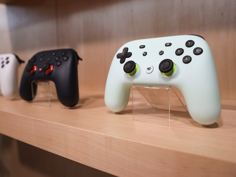 NEW YORK, NY - OCTOBER 15: The new Google Stadia gaming system controller is displayed during a Goog...