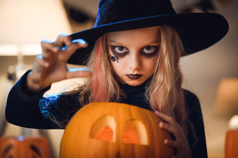 Portrait of Little witch. Halloween games for kids