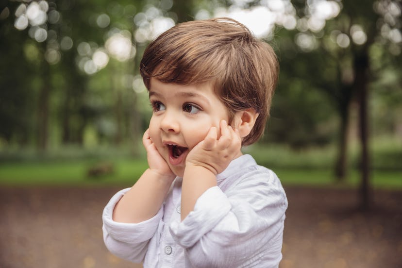 cute toddler boy in the woods in a round up of baby names that start with S