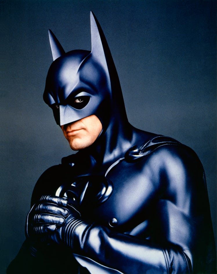 American actor George Clooney on the set of Batman & Robin, directed by Joel Schumacher. 
