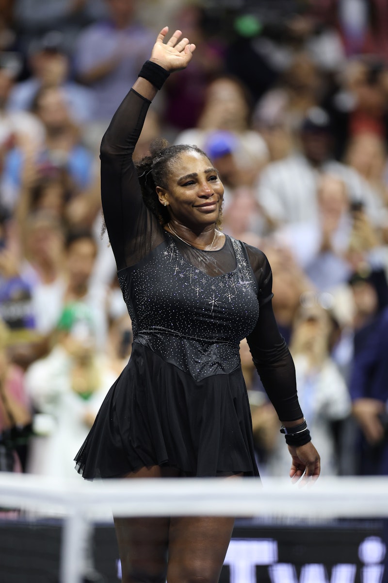 NEW YORK, NEW YORK - SEPTEMBER 02: Serena Williams of the United States thanks the fans after being ...
