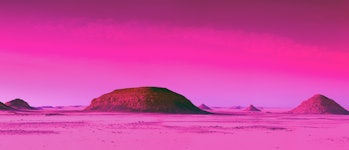 Neon View Of Desert Landscape. Desert in neon colors like on another planet.