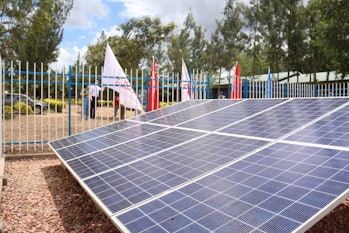 Photo taken on April 28, 2022 shows a solar panel of a solar powered borehole in Kayonza district, E...