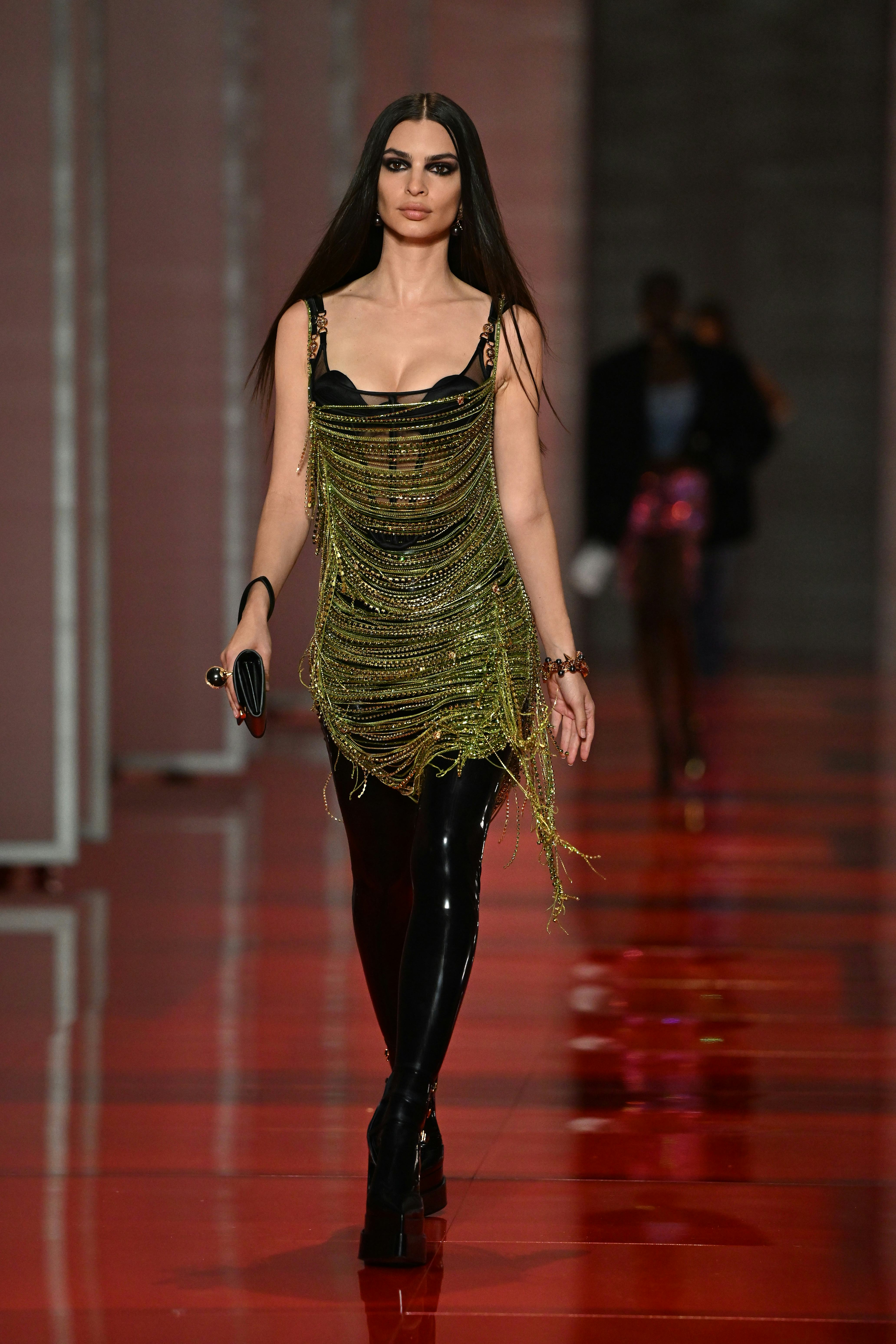 Emily Ratajkowski walks the runway at the Versace fashion show during the Milan Fashion Week Fall/Wi&hellip;