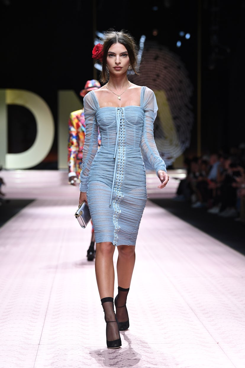 Emily Ratajkowski walks the runway at the Dolce & Gabbana show during Milan Fashion Week Spring/Summ…