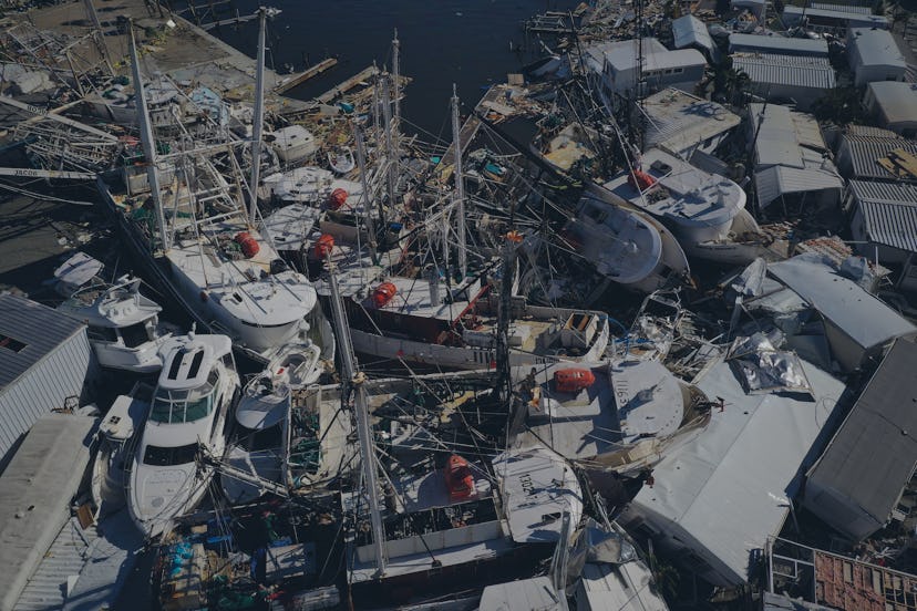 SAN CARLOS ISLAND, FLORIDA - SEPTEMBER 29: In this aerial view, boats sit atop one another in a mari...