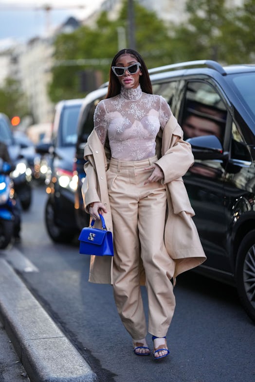 Winnie Harlow outside Off-White during Paris Fashion Week