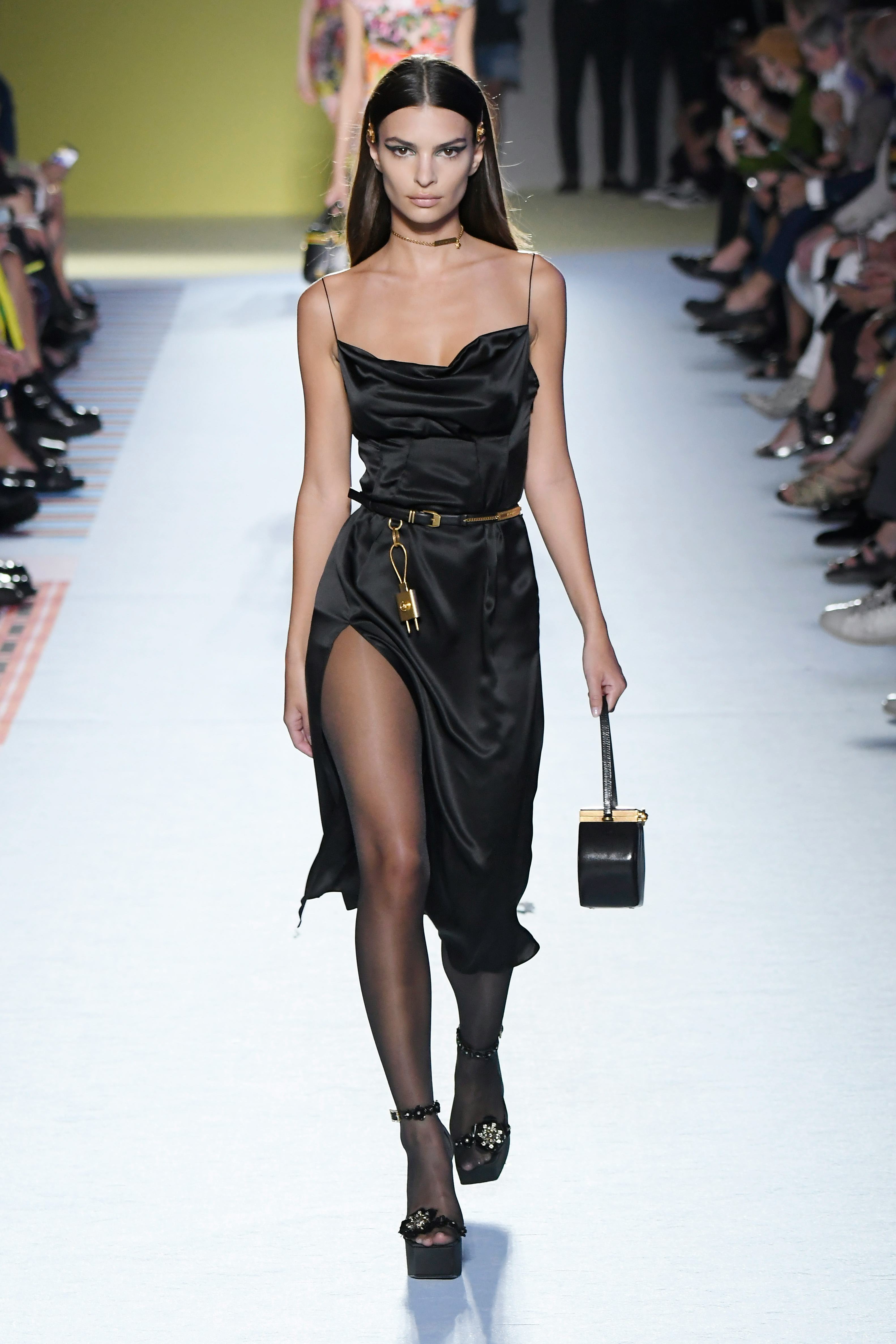 Emily Ratajkowski walks the runway at the Versace show during Milan Fashion Week Spring/Summer 2019