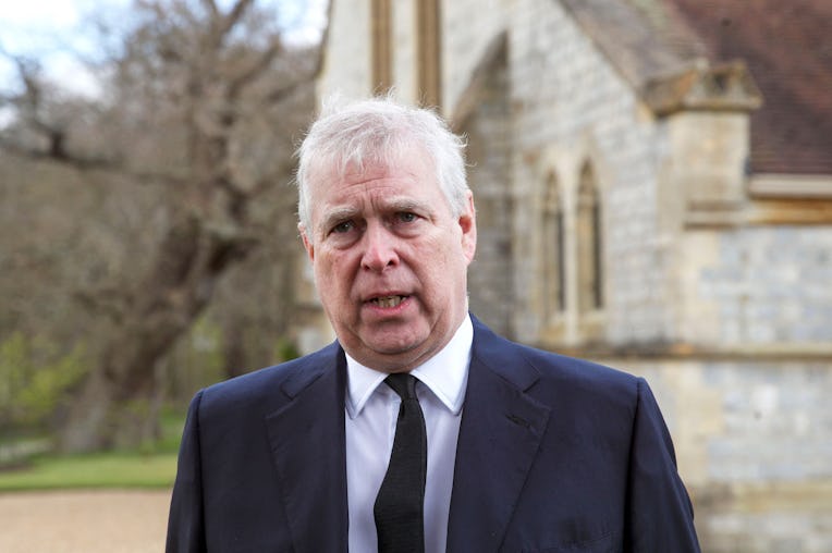 Britain's Prince Andrew, Duke of York, speaks during a television interview outside the Royal Chapel...