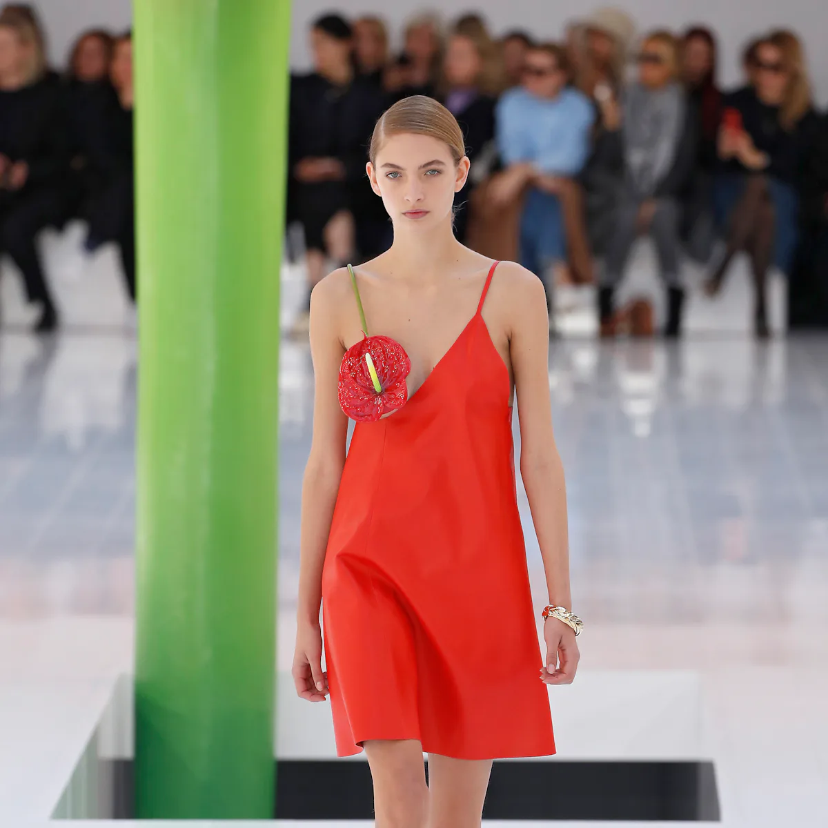 loewe red flower dress Loewe Runway Looks Featuring Giant Anthurium Florals