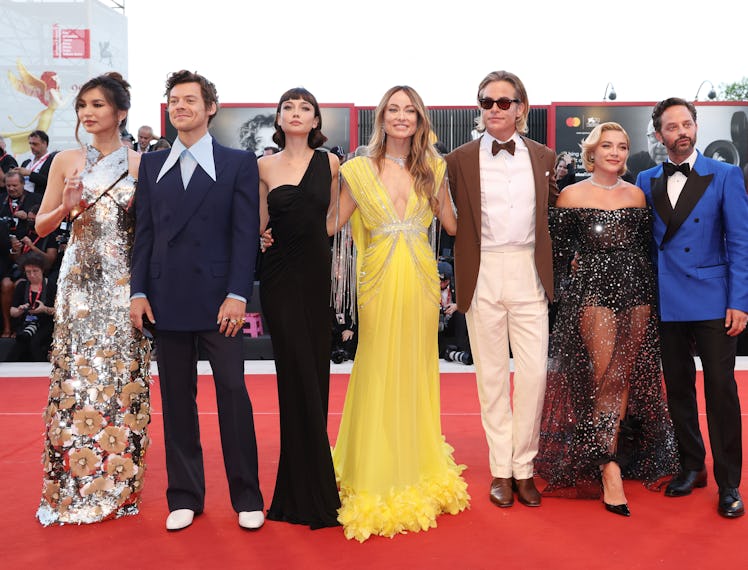 VENICE, ITALY - SEPTEMBER 05: (L-R) Gemma Chan, Harry Styles, Sydney Chandler, director Olivia Wilde...