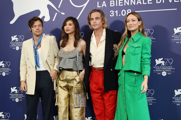 VENICE, ITALY - SEPTEMBER 05: (L-R) Harry Styles, Gemma Chan, Chris Pine and director Olivia Wilde a...
