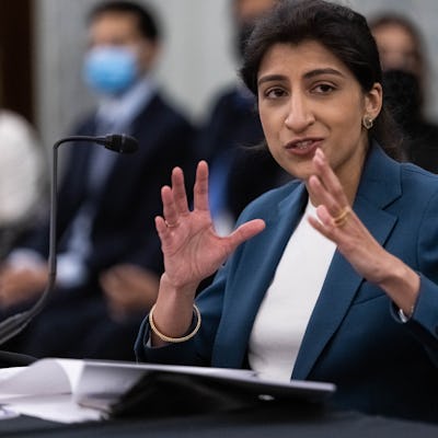 WASHINGTON, DC - APRIL 21: FTC Commissioner nominee Lina M. Khan testifies during a Senate Commerce,...